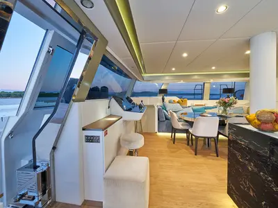 Cockpit of Sinata, a Sunreef 60 catamaran at Rogoznica, Croatia