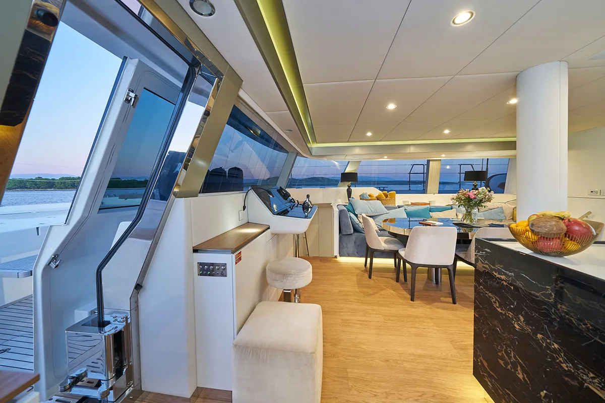 Cockpit of Sinata, a Sunreef 60 catamaran at Rogoznica, Croatia