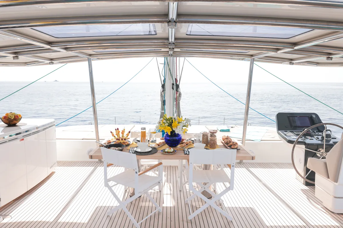 Deck of Sinata, a Sunreef 60 catamaran at Rogoznica, Croatia