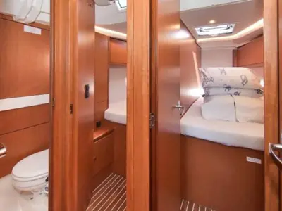 Cabin on Callisto, a Bavaria Cruiser 45 sailboat at Ellomenos, Greece