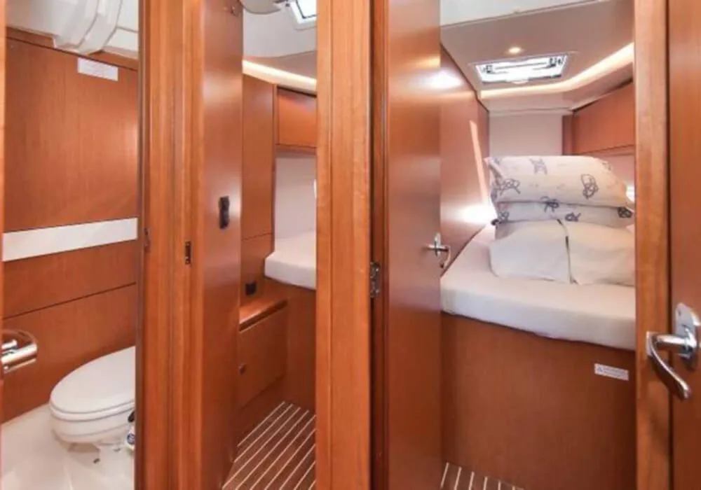 Cabin on Callisto, a Bavaria Cruiser 45 sailboat at Ellomenos, Greece