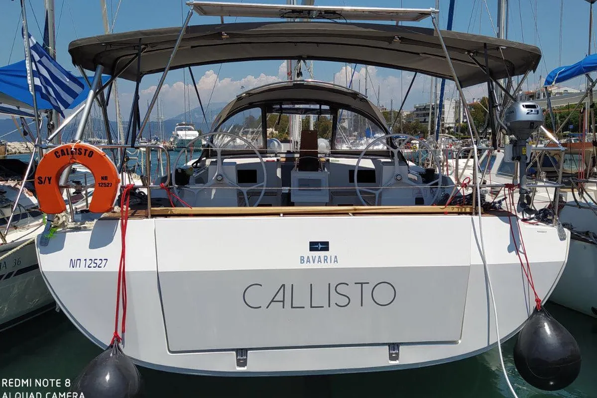 Exterior view of Callisto, a Bavaria Cruiser 45 sailboat at Ellomenos, Greece