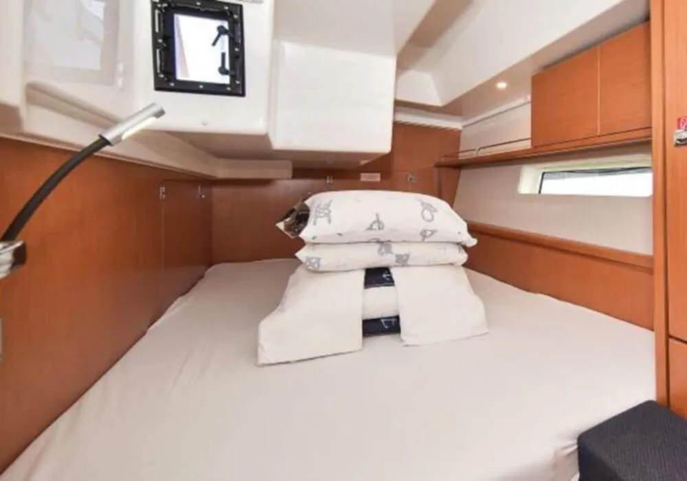 Cabin on Callisto, a Bavaria Cruiser 45 sailboat at Ellomenos, Greece