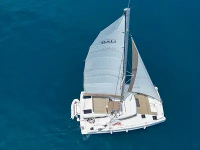 Deck of Osibova, a Bali Catspace catamaran at Grad Kaštela, Croatia