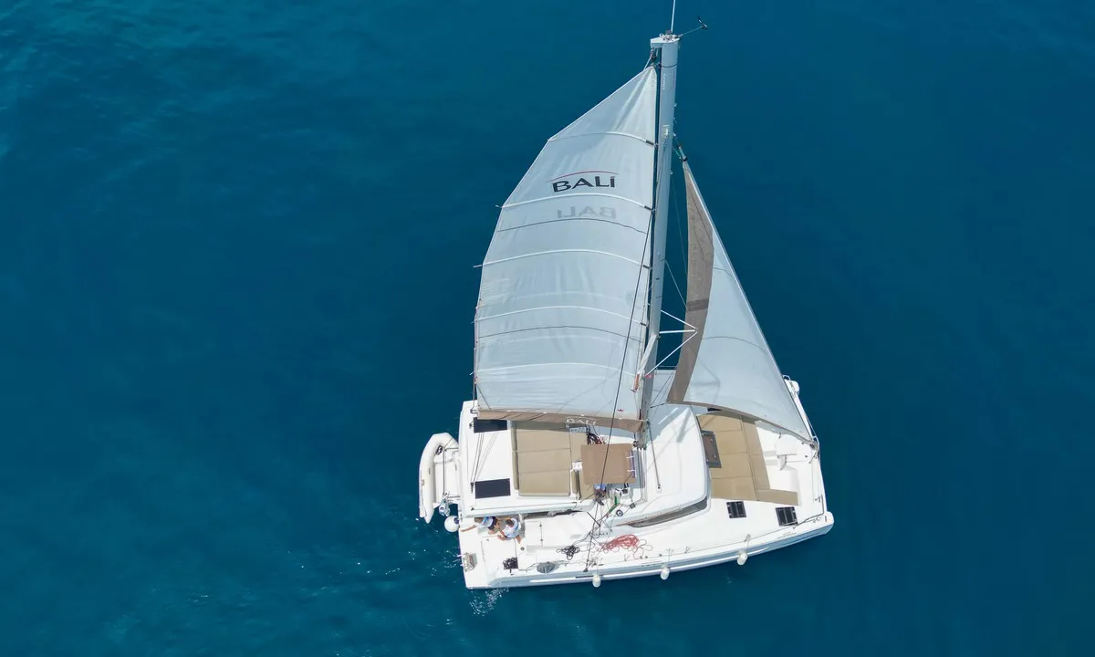 Deck of Osibova, a Bali Catspace catamaran at Grad Kaštela, Croatia