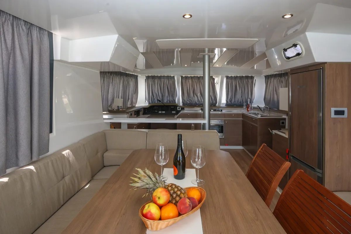 Salon of Osibova, a Bali Catspace catamaran at Grad Kaštela, Croatia