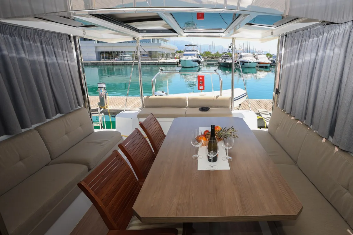 Deck of Osibova, a Bali Catspace catamaran at Grad Kaštela, Croatia