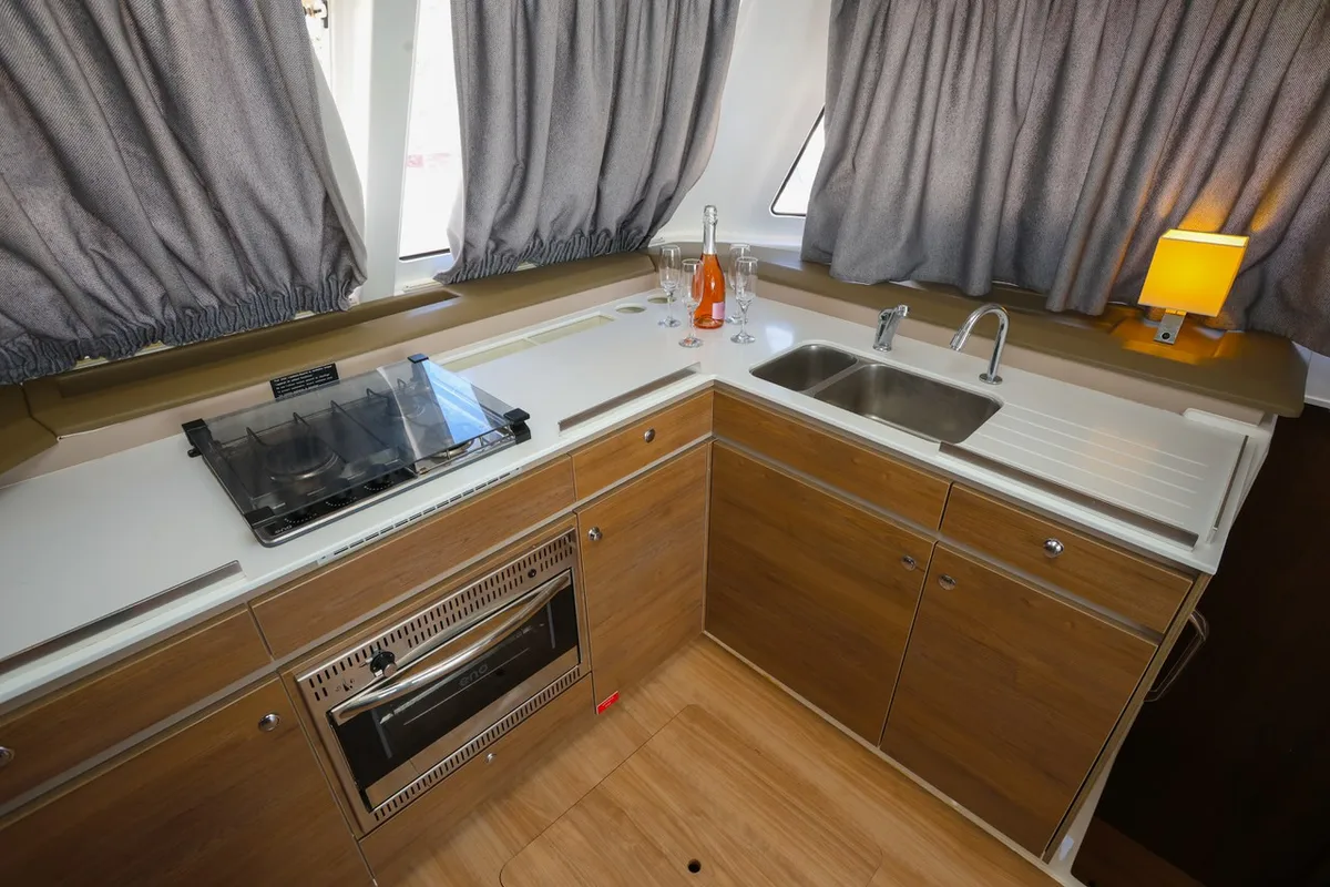 Galley of Osibova, a Bali Catspace catamaran at Grad Kaštela, Croatia