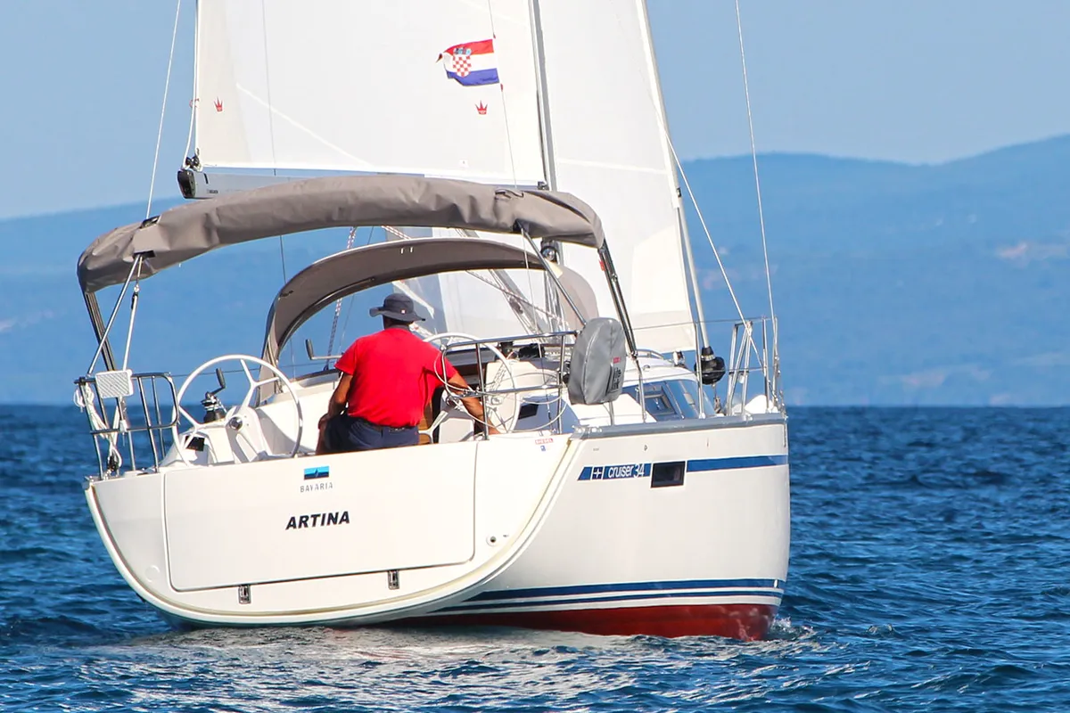 Exterior view of Artina, a Bavaria Cruiser 34 sailboat at Split, Croatia