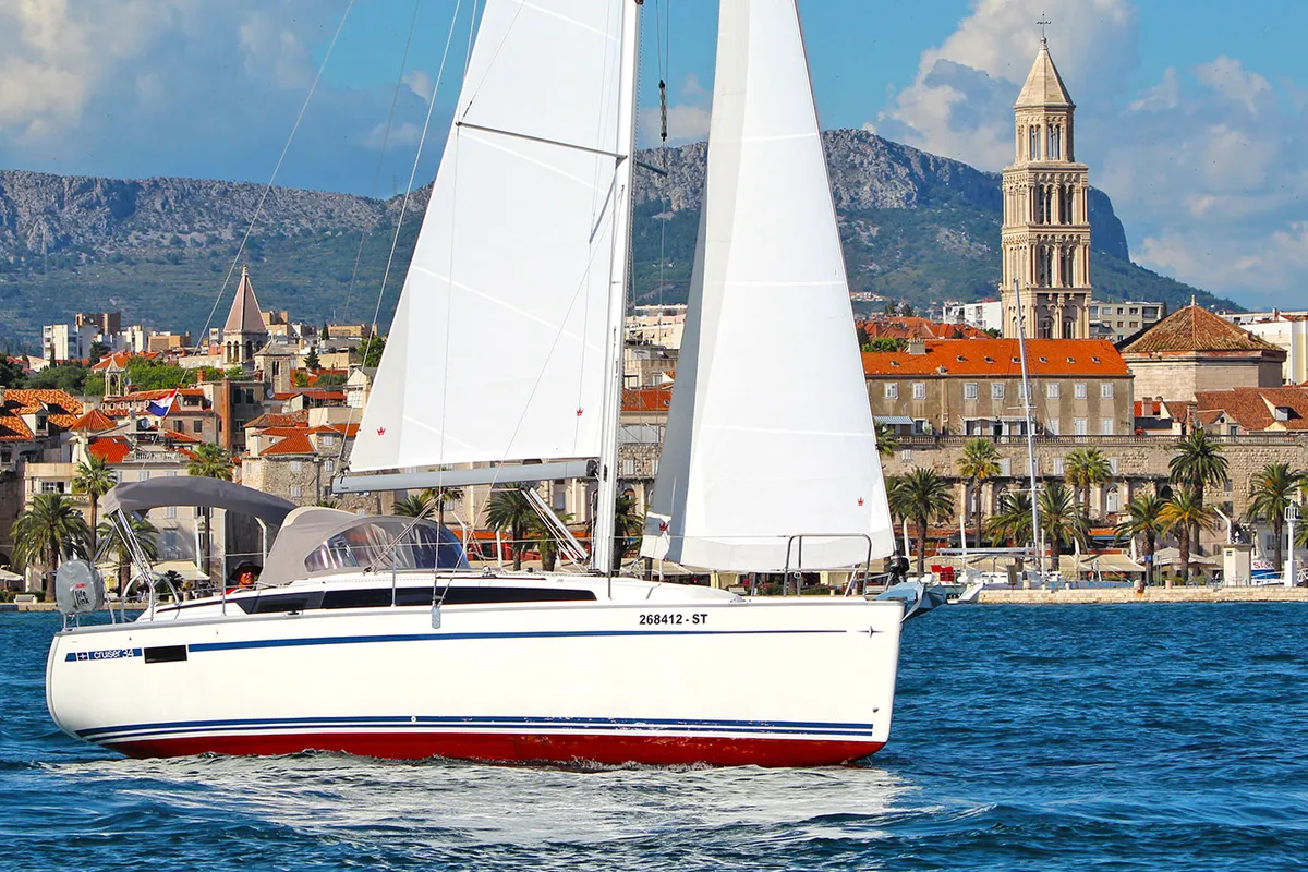 Exterior view of Artina, a Bavaria Cruiser 34 sailboat at Split, Croatia