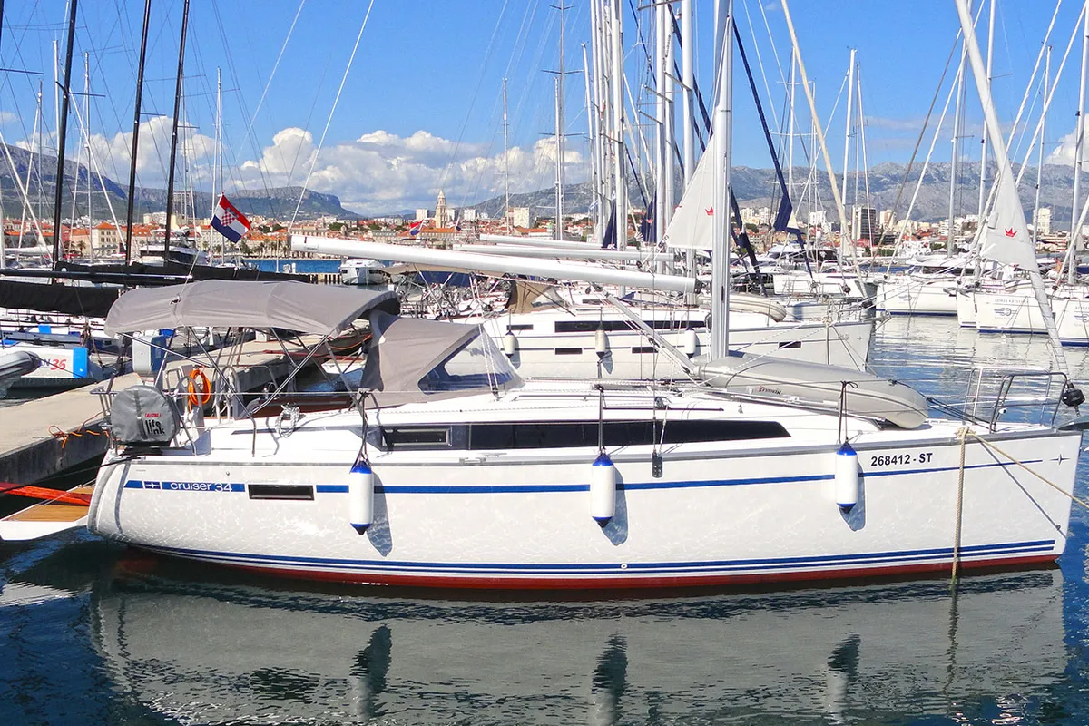 Exterior view of Artina, a Bavaria Cruiser 34 sailboat at Split, Croatia