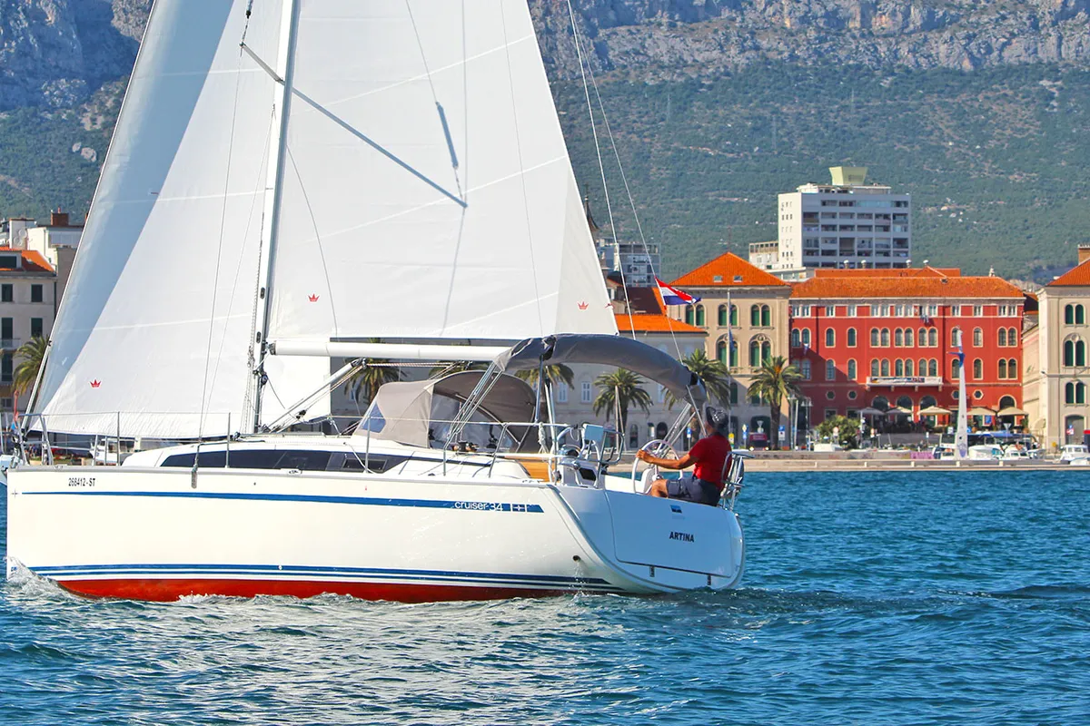 Exterior view of Artina, a Bavaria Cruiser 34 sailboat at Split, Croatia