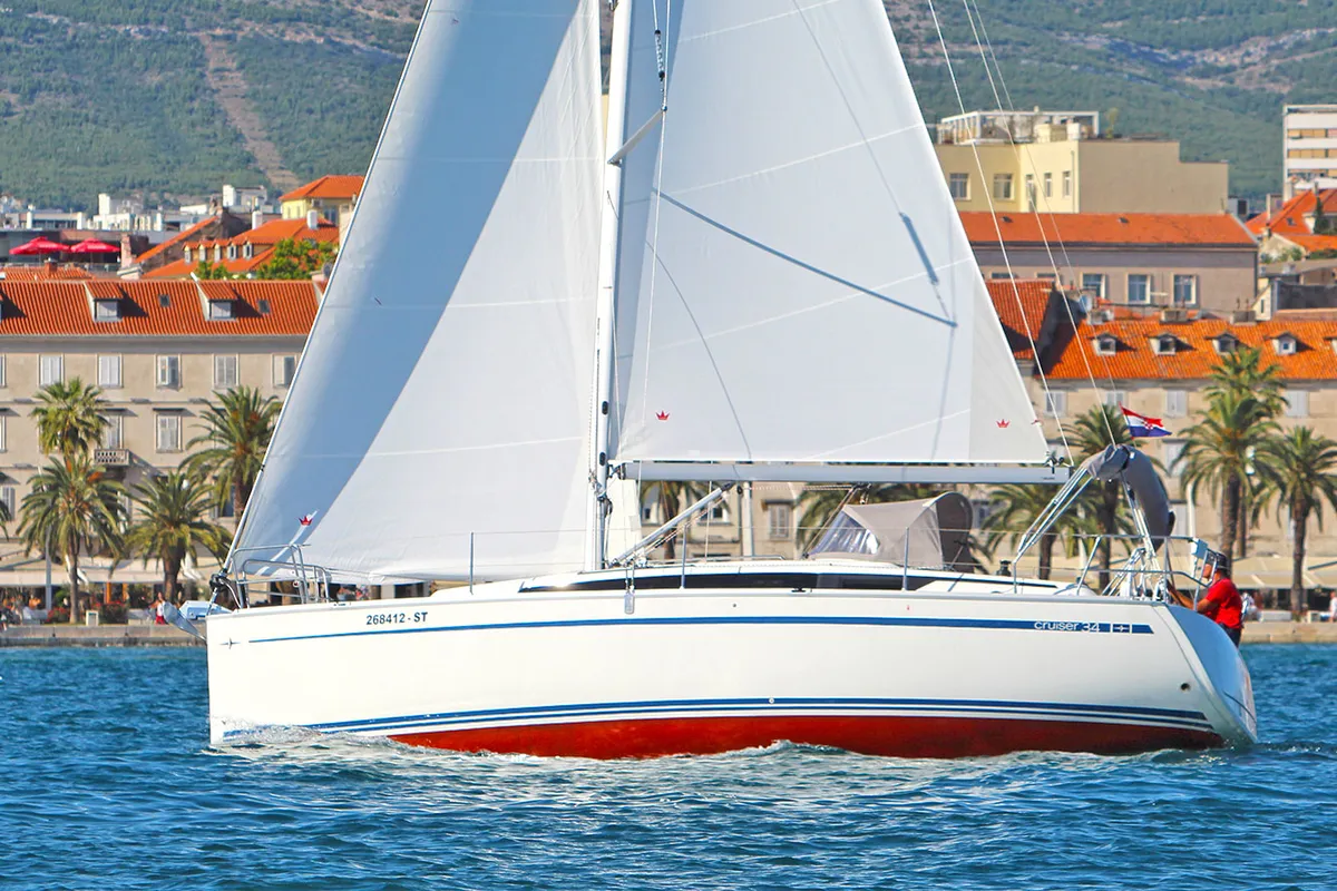 Exterior view of Artina, a Bavaria Cruiser 34 sailboat at Split, Croatia