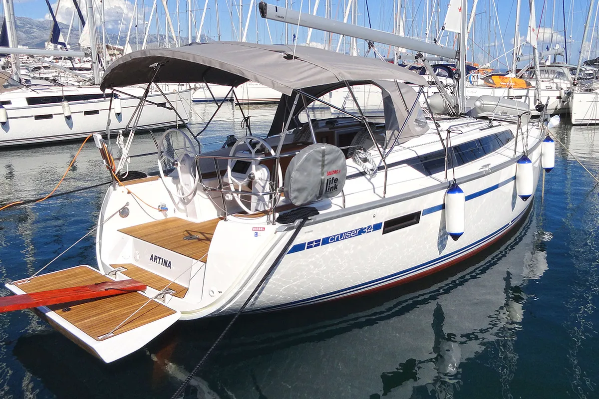 Exterior view of Artina, a Bavaria Cruiser 34 sailboat at Split, Croatia