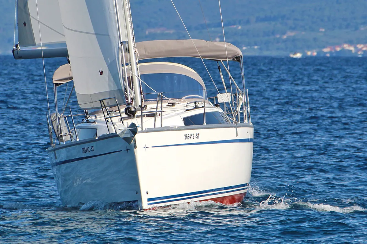 Exterior view of Artina, a Bavaria Cruiser 34 sailboat at Split, Croatia