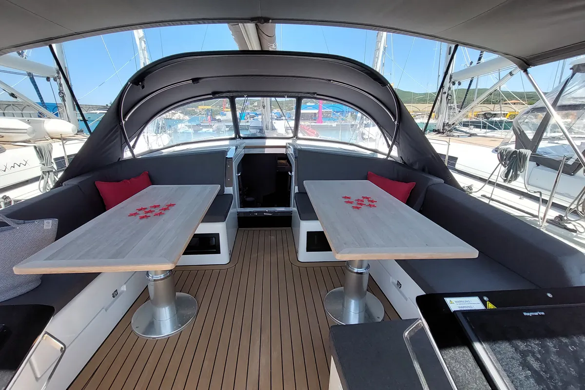 Cockpit of Nausicaä, a Hanse 460 sailboat at Rosignano Solvay, Italy