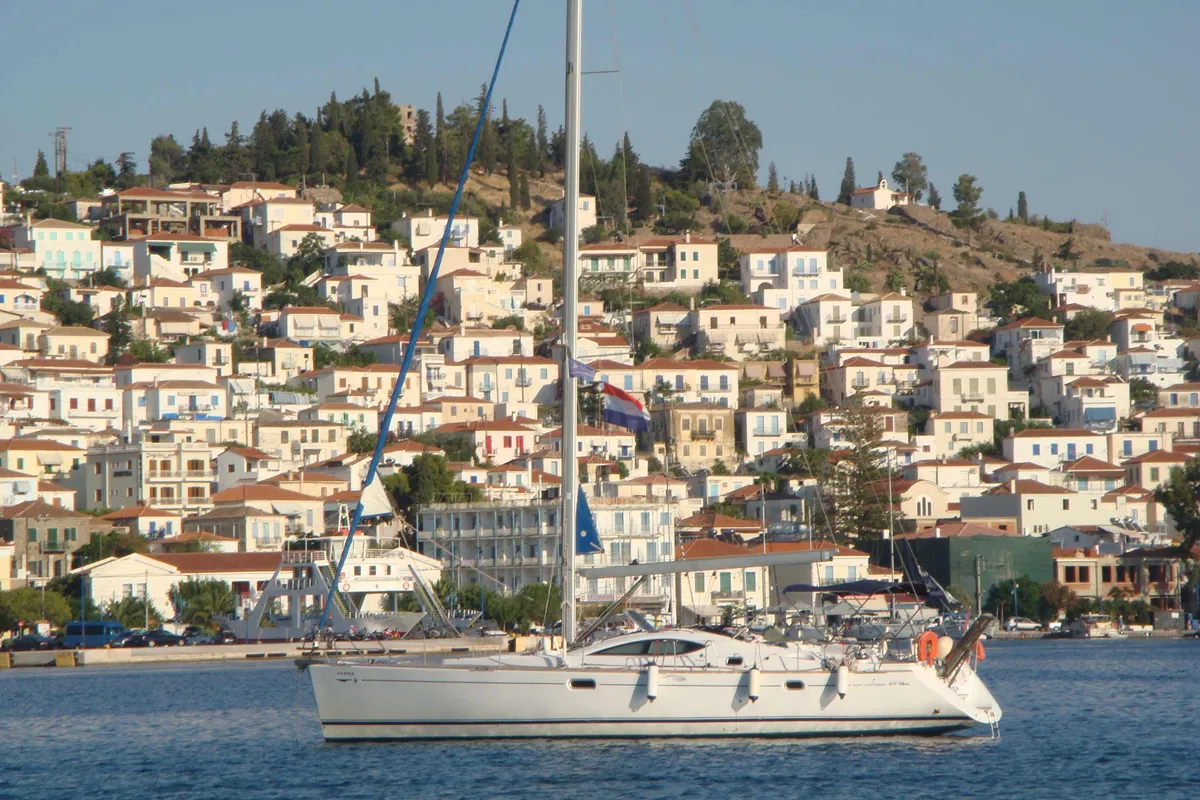 Idrea, a Jeanneau Sun Odyssey 49DS sailboat at Lavreotiki Municipal Unit, Greece
