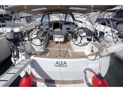 Cockpit of Alea, a Jeanneau Sun Odyssey 519 sailboat at Orbetello, Italy