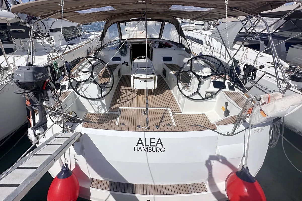 Cockpit of Alea, a Jeanneau Sun Odyssey 519 sailboat at Orbetello, Italy