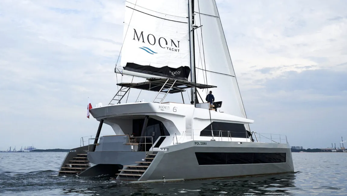 Exterior view of Seabarit LX, a Moon 60 sail catamaran at Athens, Greece
