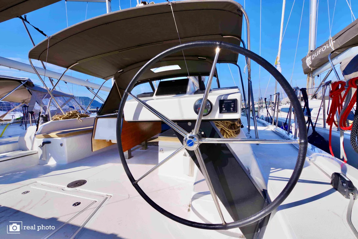 Cockpit of Cassiopea - A/C, Generator, Water maker, Solar Panel, a Dufour 530 sailboat at Olbia, Italy