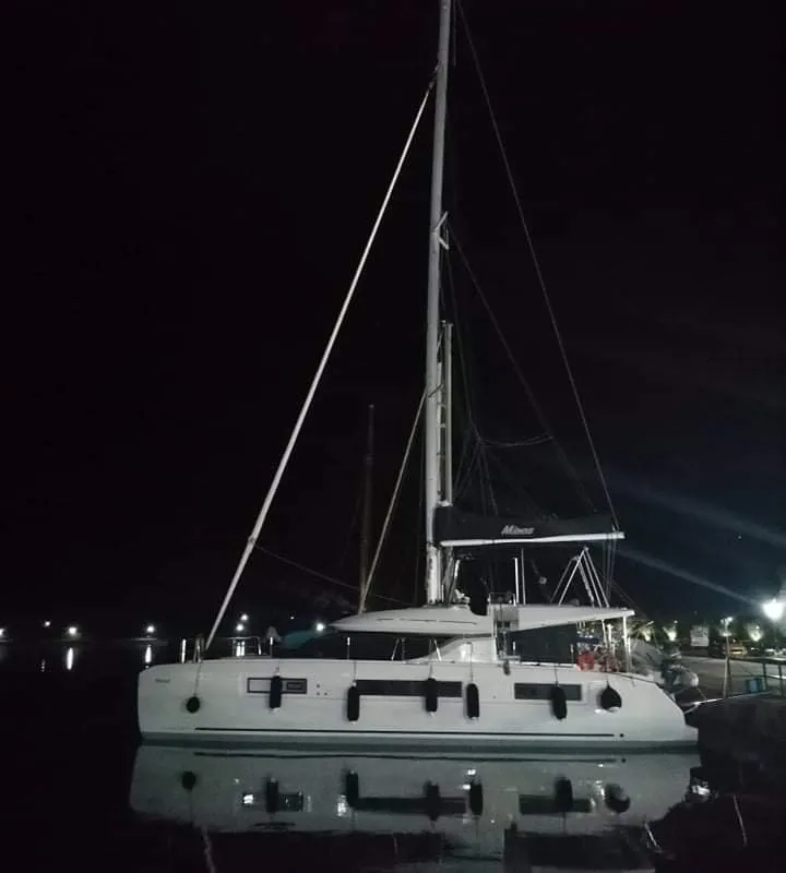 Exterior view of MINOS, a Lagoon 50 catamaran at Athens, Greece