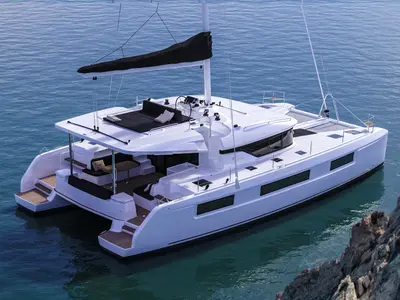 Exterior view of MINOS, a Lagoon 50 catamaran at Athens, Greece
