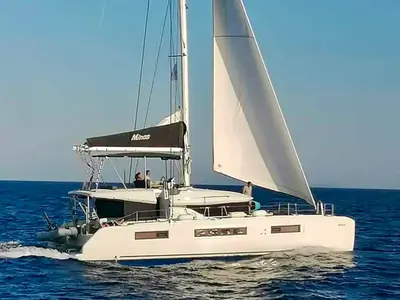 Exterior view of MINOS, a Lagoon 50 catamaran at Athens, Greece