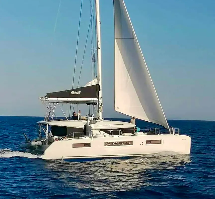 Exterior view of MINOS, a Lagoon 50 catamaran at Athens, Greece