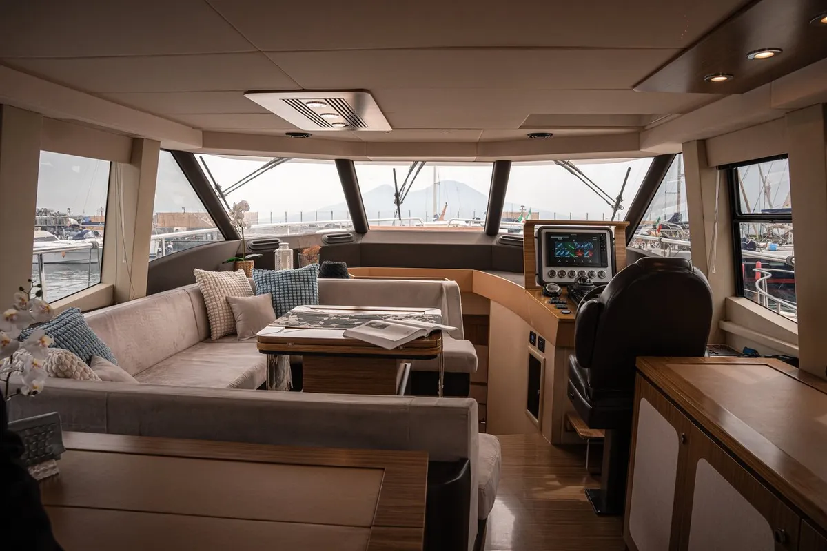 Salon of Ciù Ciù, a Azimut Magellano 53 motor yacht at Naples, Italy