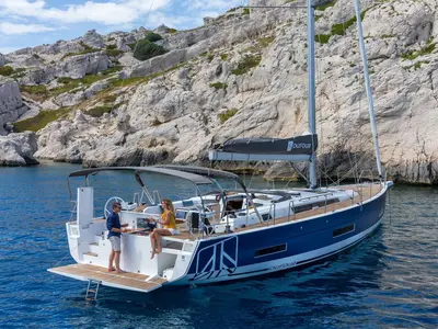 Exterior view of Cholita, a Dufour 530 sailboat at Road Town, British Virgin Islands