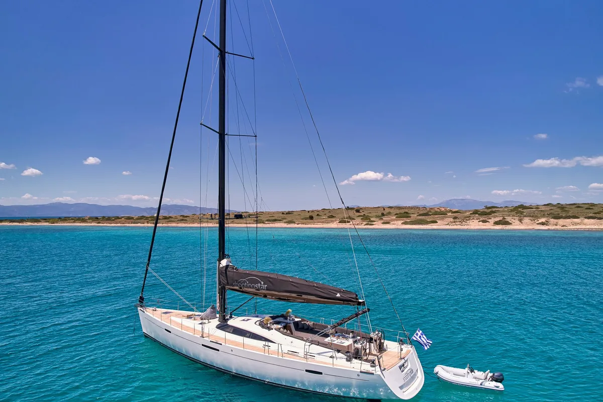 Exterior view of Shooting Star, a Gianneti Gianetti 65 sailboat at Athens, Greece