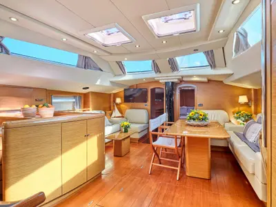 Salon of Shooting Star, a Gianneti Gianetti 65 sailboat at Athens, Greece