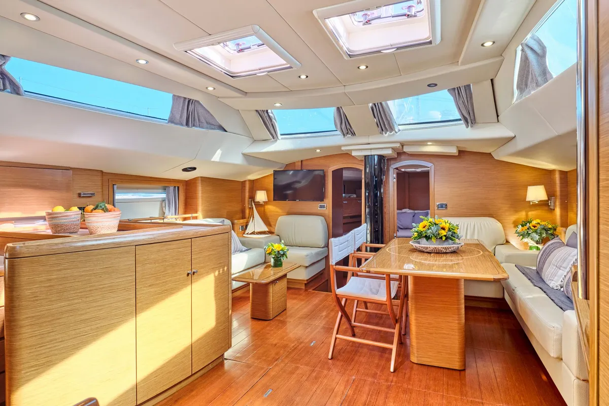 Salon of Shooting Star, a Gianneti Gianetti 65 sailboat at Athens, Greece