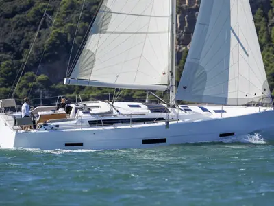 Exterior view of Nima 11, a Dufour 430 sailboat at Lefkada, Greece