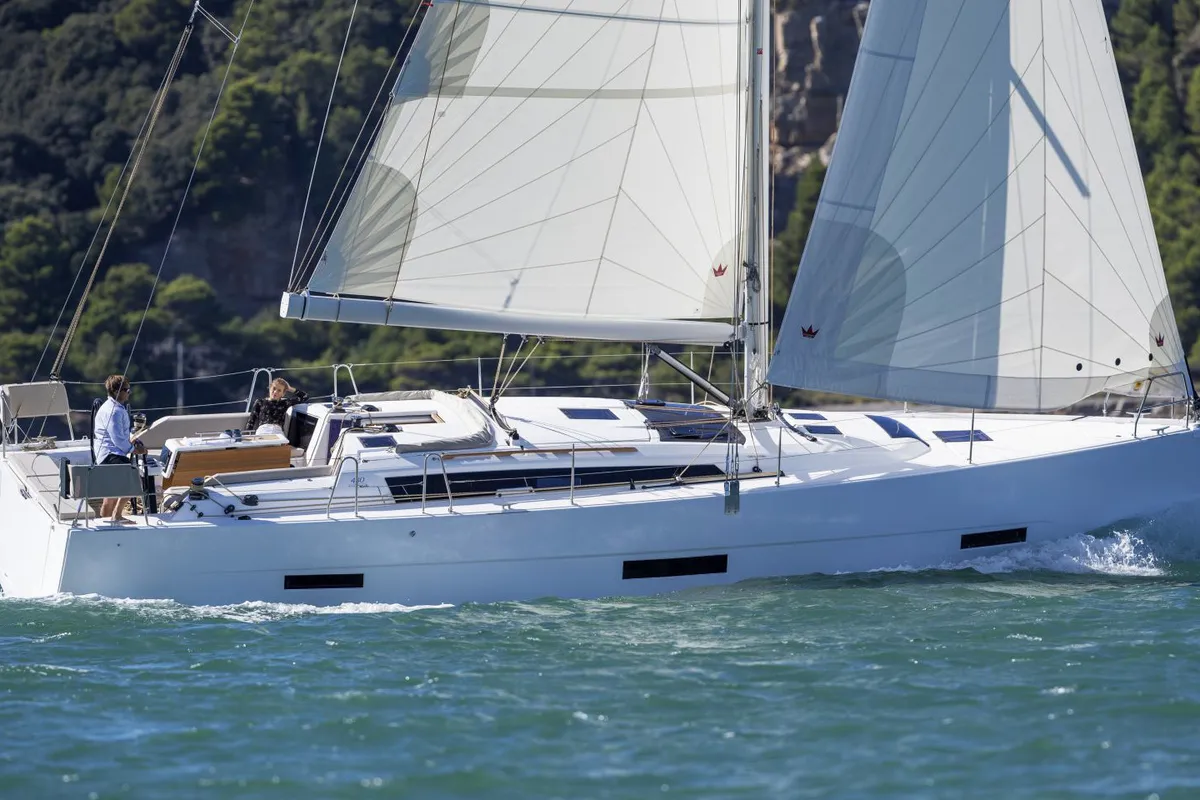 Exterior view of Nima 11, a Dufour 430 sailboat at Lefkada, Greece