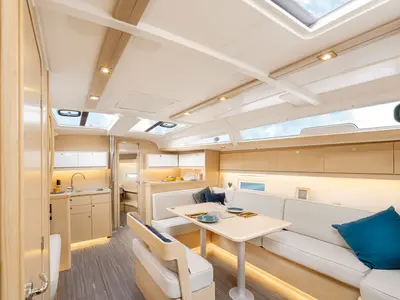 Salon of Nima 11, a Dufour 430 sailboat at Lefkada, Greece