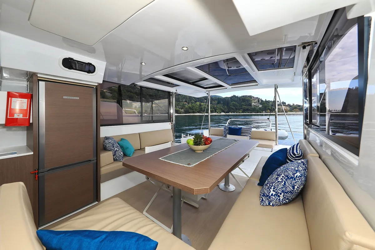 Deck of Salty Dragon, a Bali Catspace catamaran at Grad Kaštela, Croatia