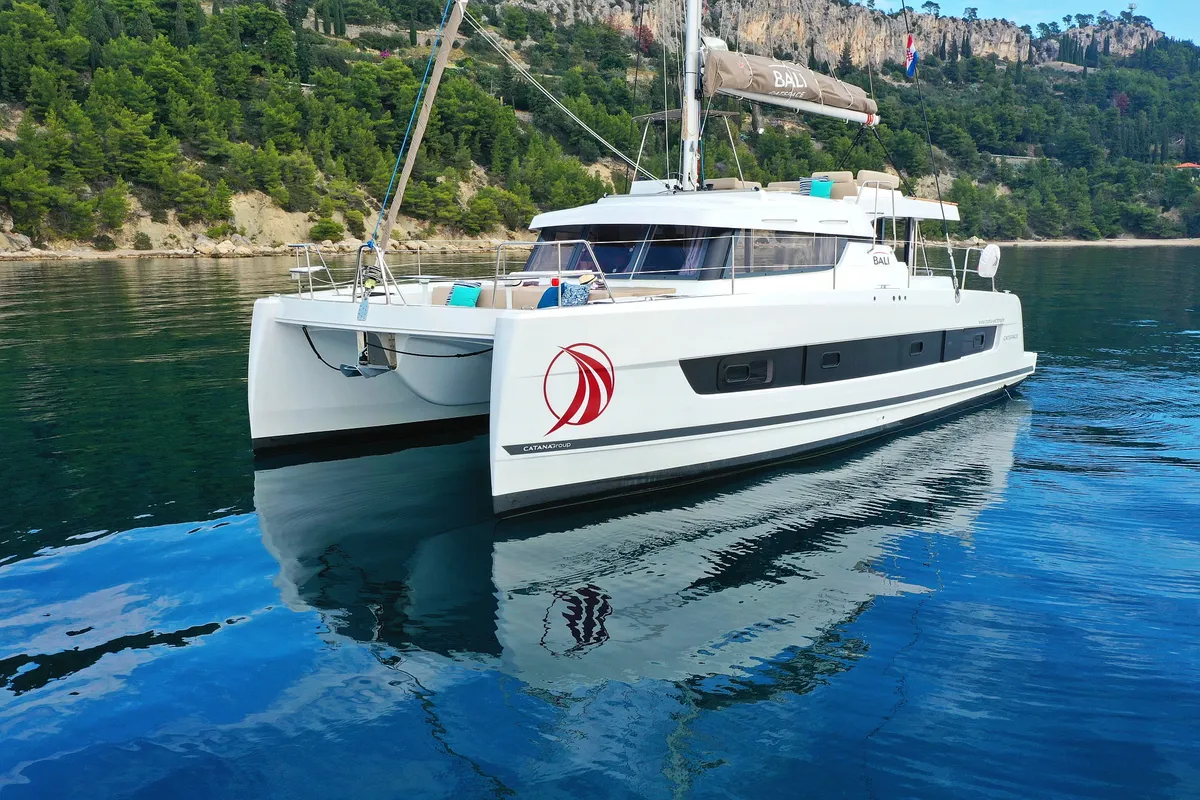Exterior view of Salty Dragon, a Bali Catspace catamaran at Grad Kaštela, Croatia