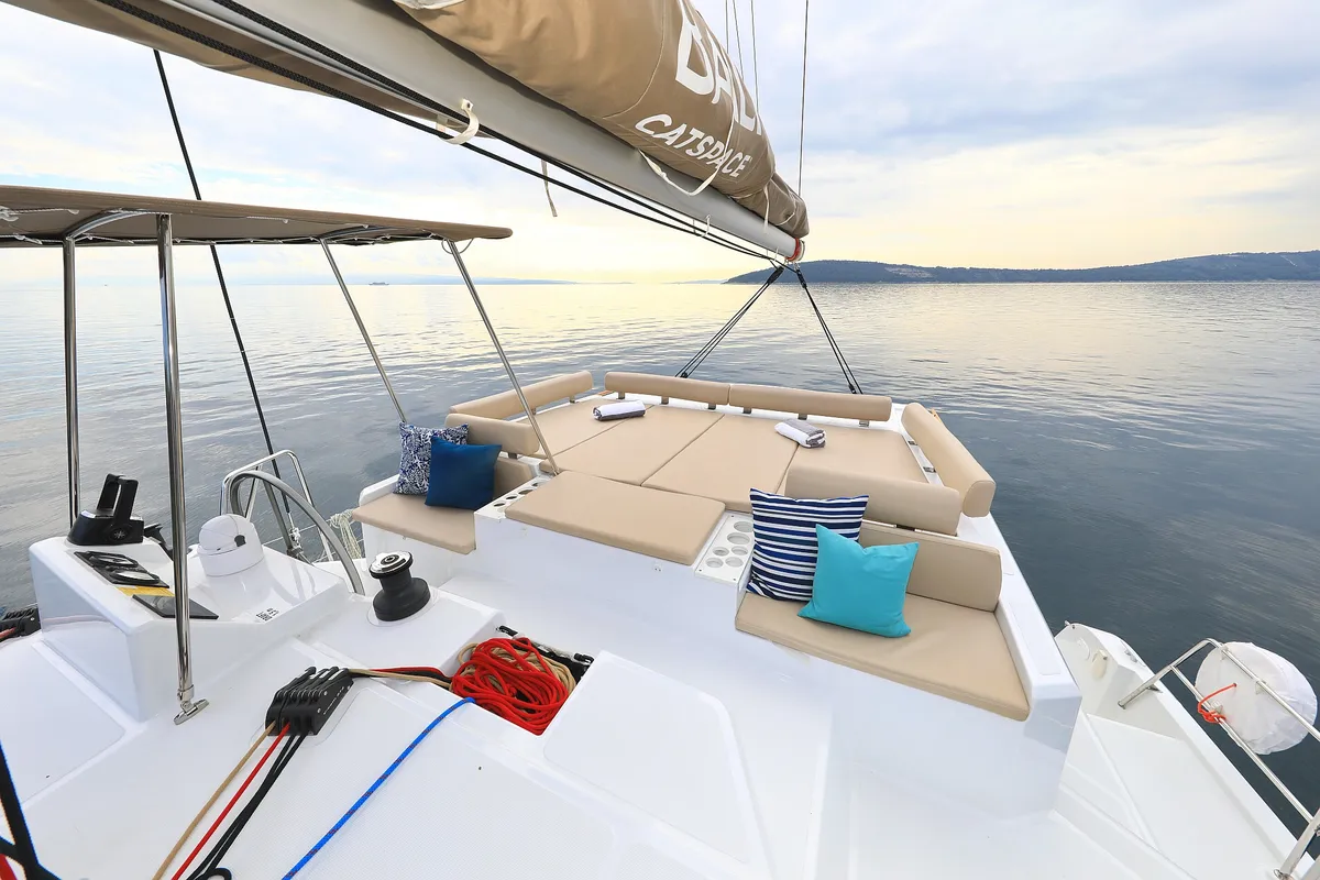 Deck of Salty Dragon, a Bali Catspace catamaran at Grad Kaštela, Croatia