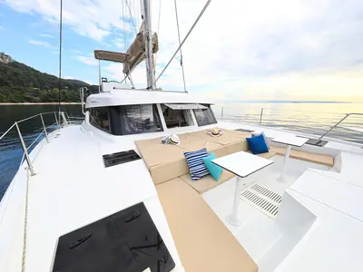 Deck of Salty Dragon, a Bali Catspace catamaran at Grad Kaštela, Croatia