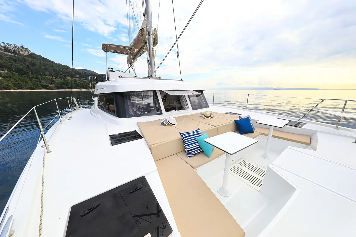 Deck of Salty Dragon, a Bali Catspace catamaran at Grad Kaštela, Croatia