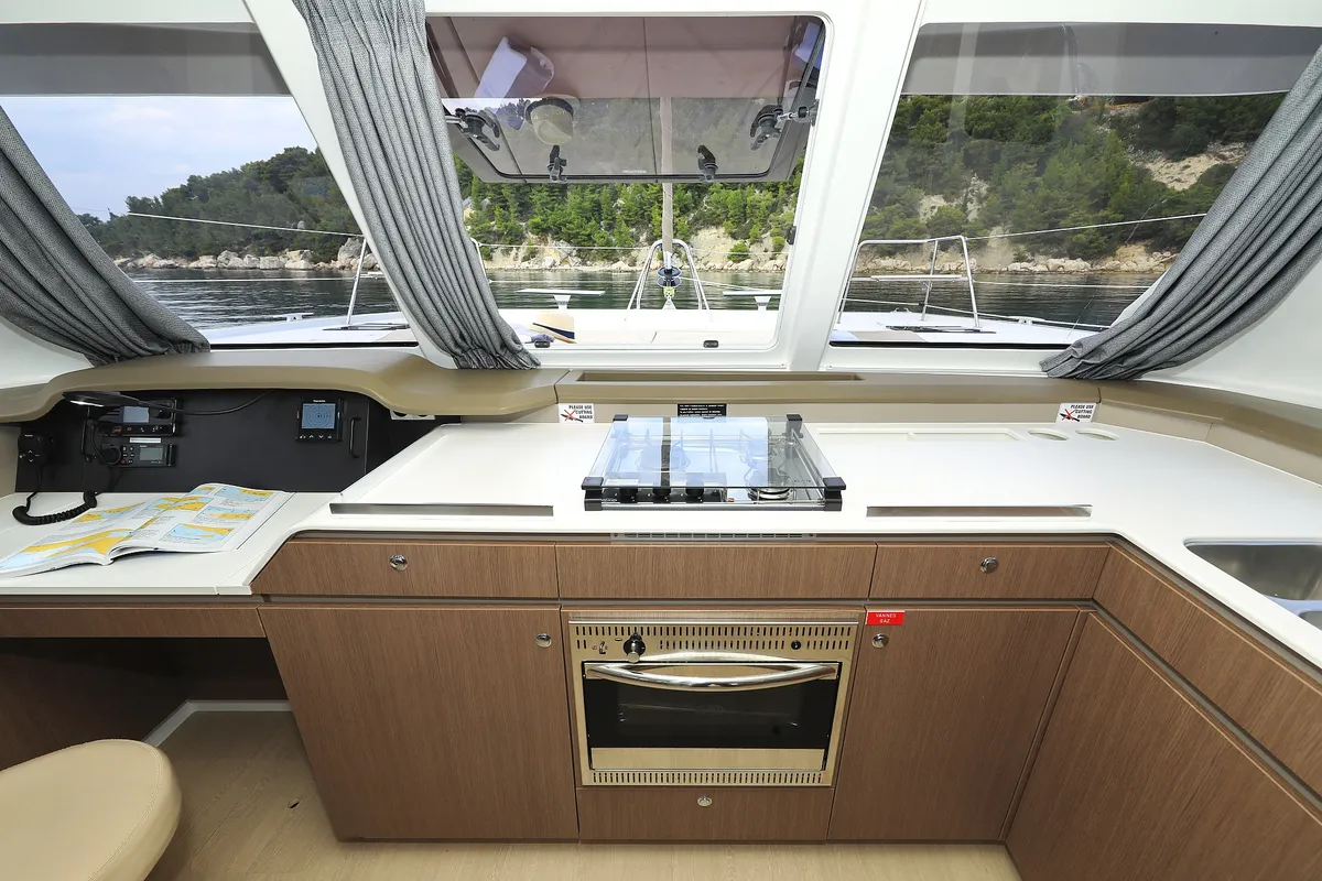 Galley of Salty Dragon, a Bali Catspace catamaran at Grad Kaštela, Croatia