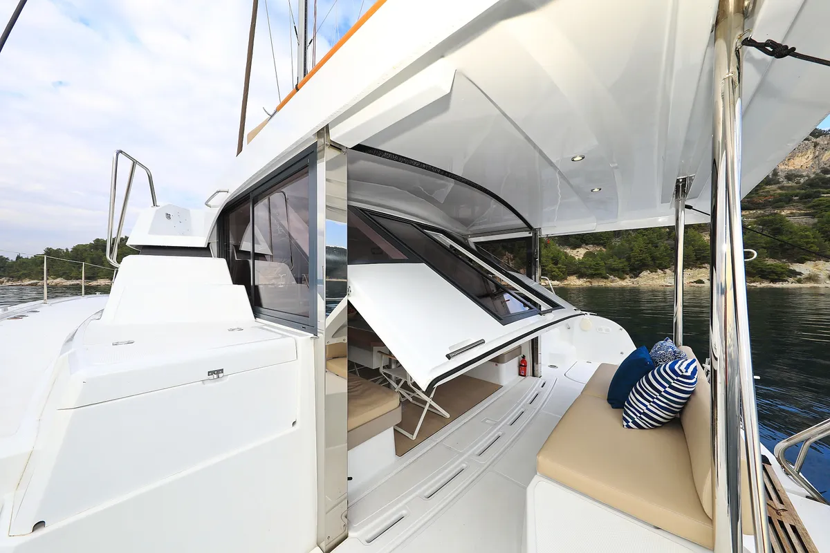 Deck of Salty Dragon, a Bali Catspace catamaran at Grad Kaštela, Croatia