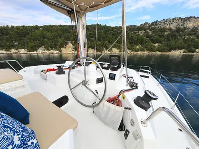 Cockpit of Salty Dragon, a Bali Catspace catamaran at Grad Kaštela, Croatia