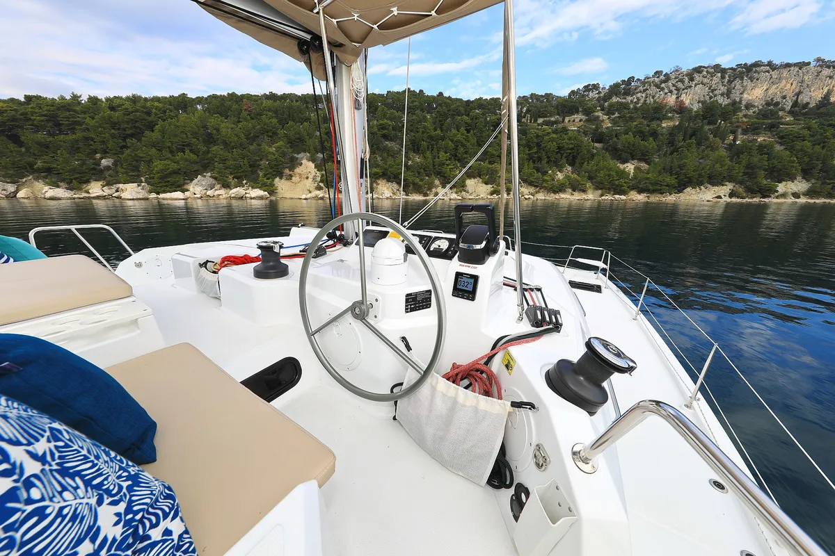 Cockpit of Salty Dragon, a Bali Catspace catamaran at Grad Kaštela, Croatia