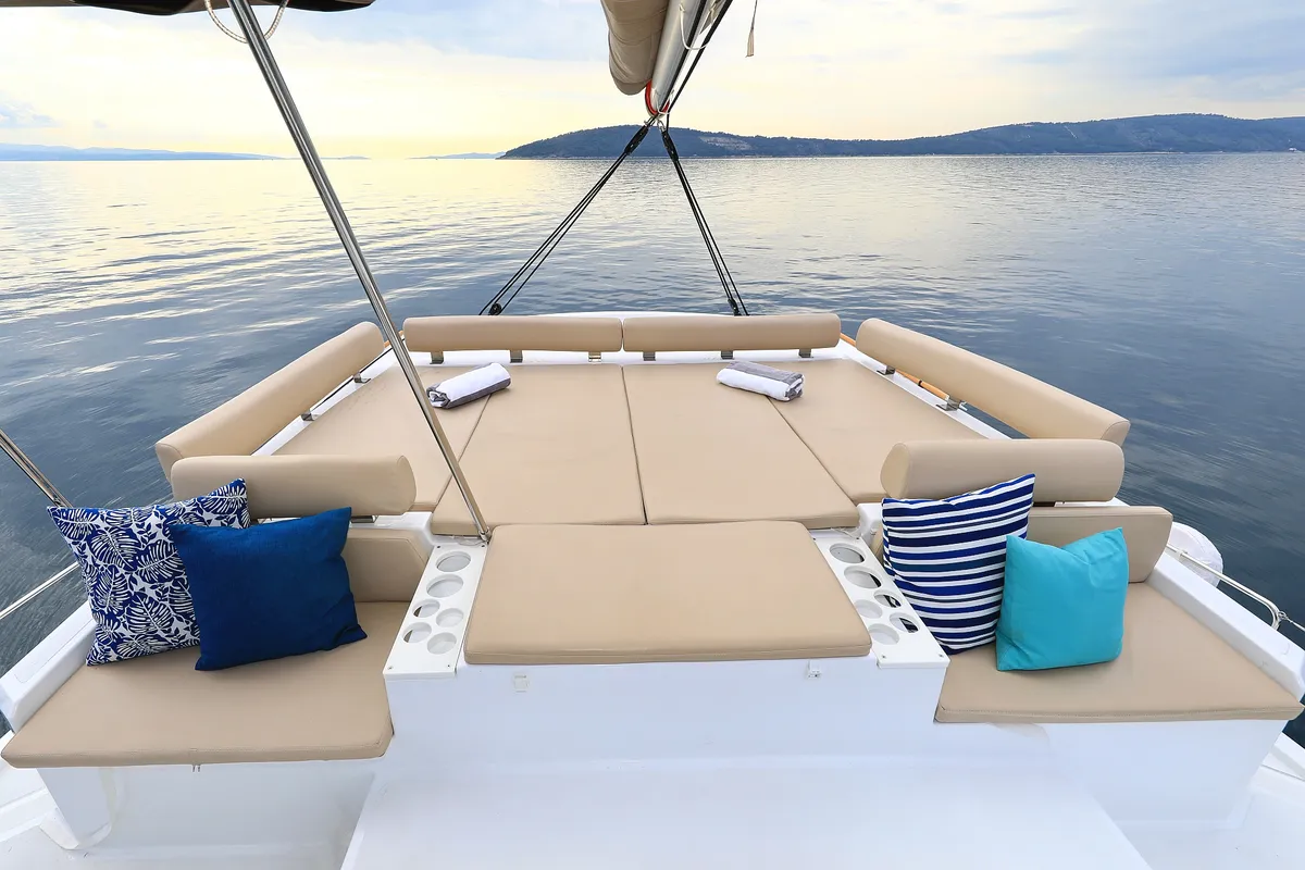 Deck of Salty Dragon, a Bali Catspace catamaran at Grad Kaštela, Croatia