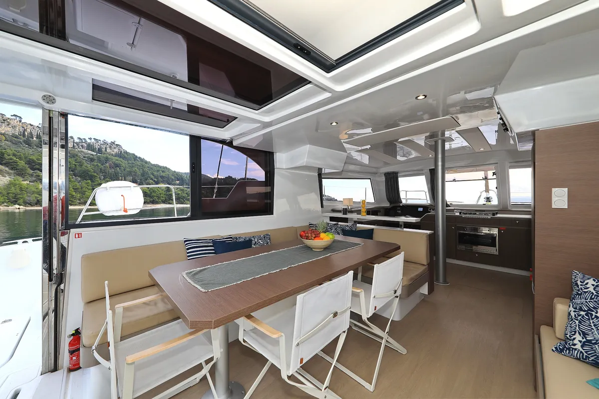 Salon of Salty Dragon, a Bali Catspace catamaran at Grad Kaštela, Croatia