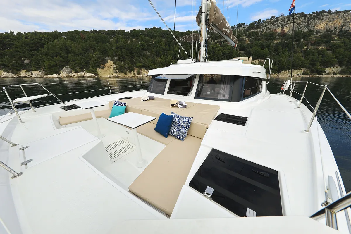 Deck of Salty Dragon, a Bali Catspace catamaran at Grad Kaštela, Croatia