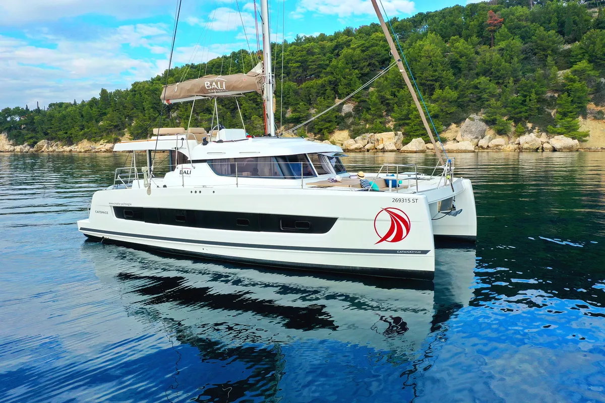 Exterior view of Salty Dragon, a Bali Catspace catamaran at Grad Kaštela, Croatia